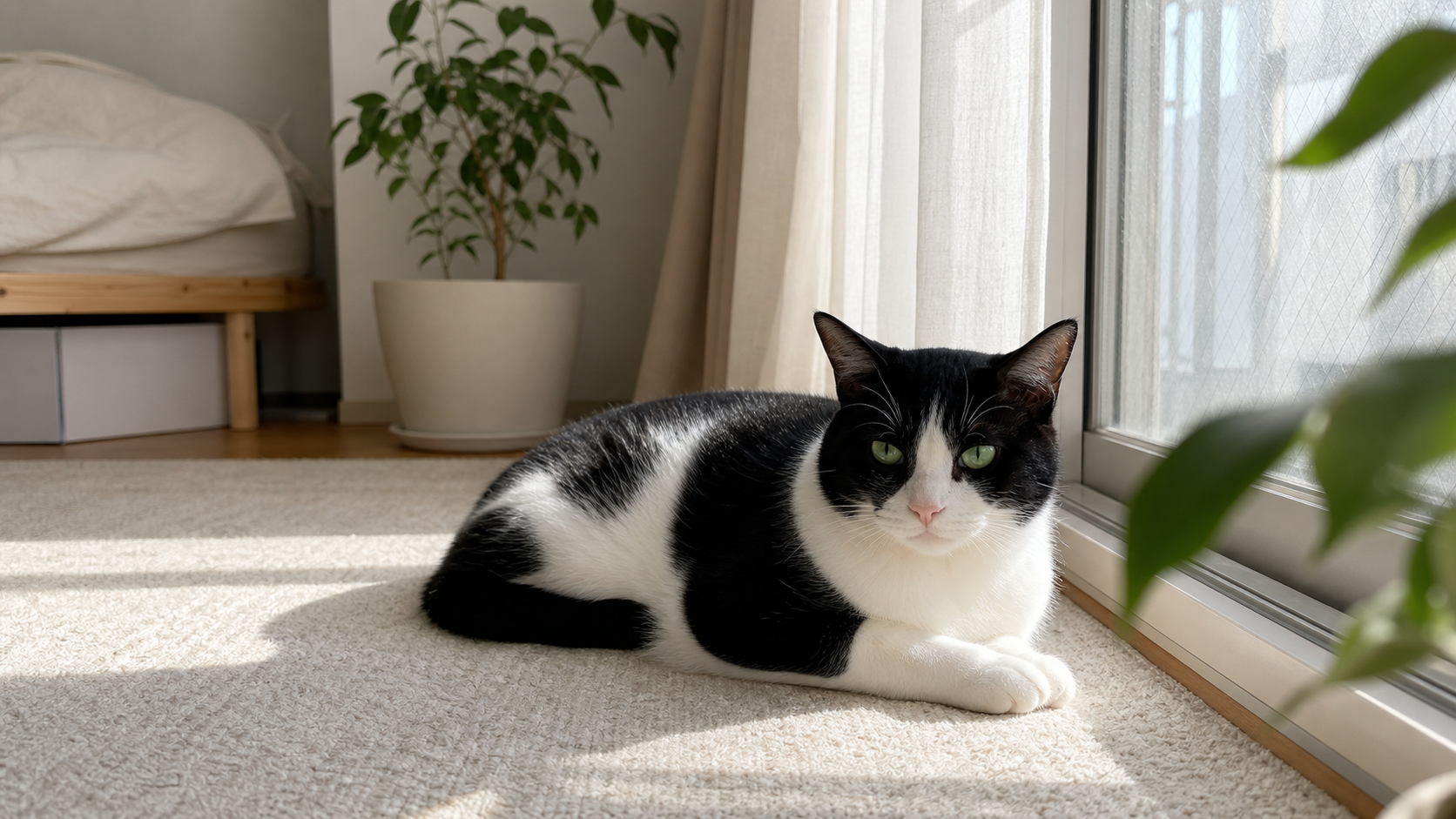 賃貸の一人暮らしの部屋の窓辺でくつろぐ猫