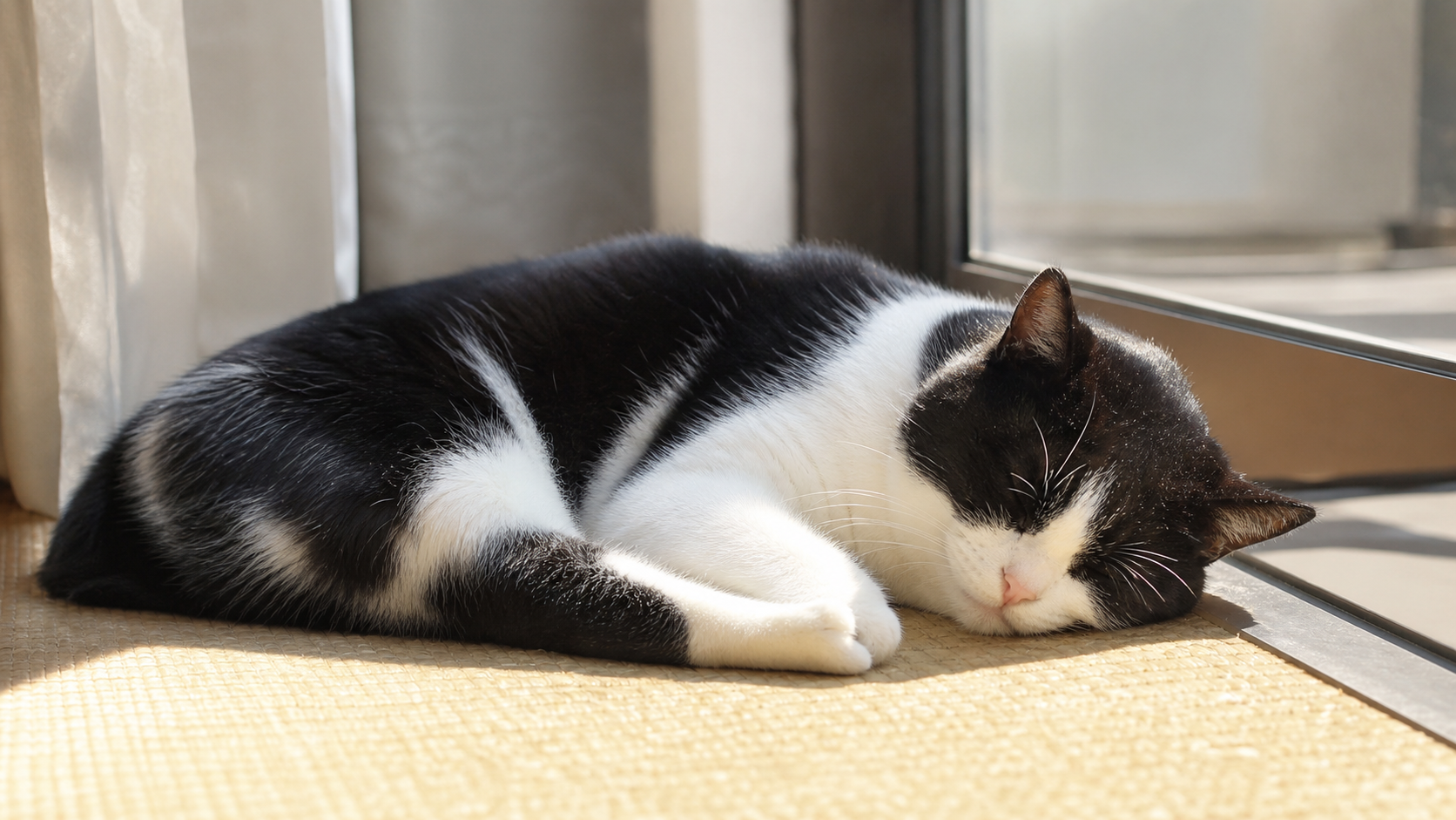 日中に留守番で窓辺で昼寝する一人暮らしの猫