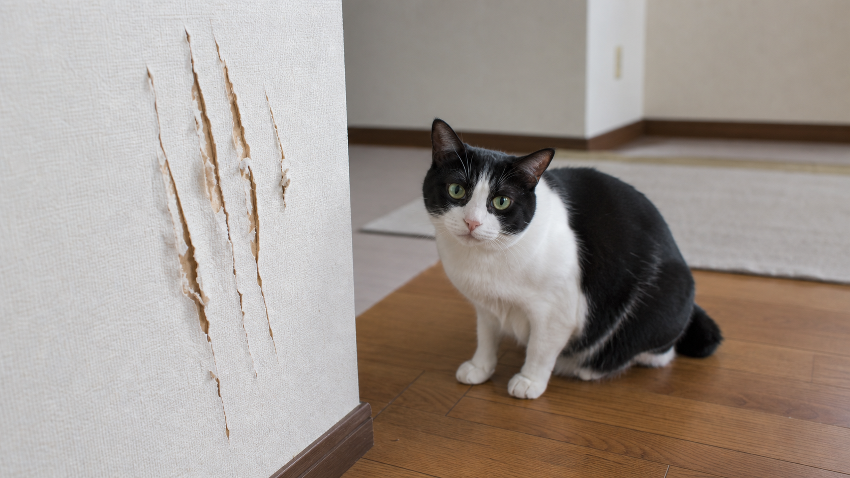 猫の爪とぎで縦に裂けた賃貸の壁紙と猫