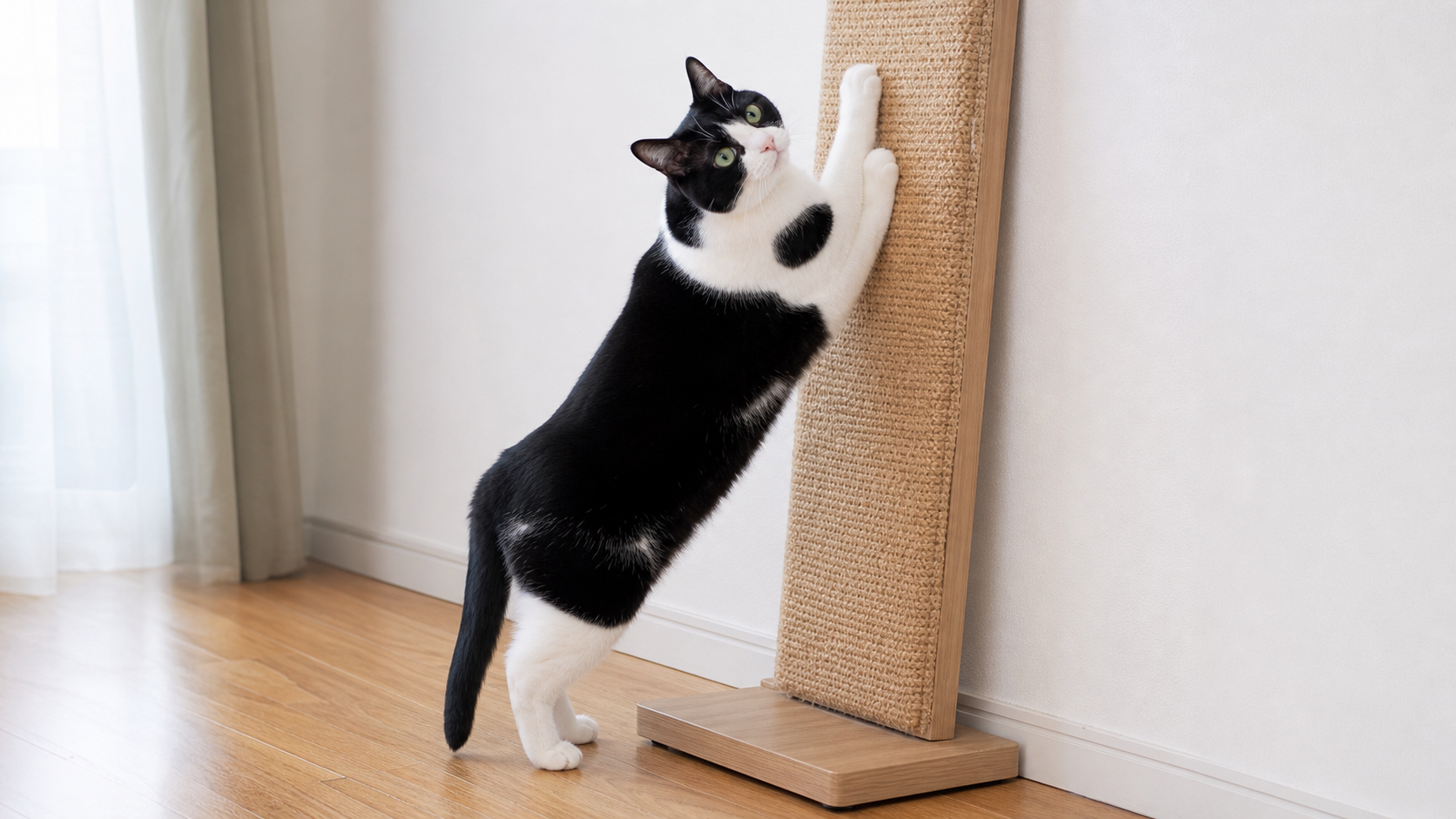 壁の前の爪とぎ器で爪をとぐ猫と壁紙の対策