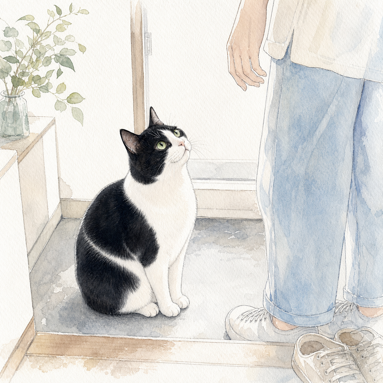 一人暮らしで帰宅を出迎える猫のイラスト