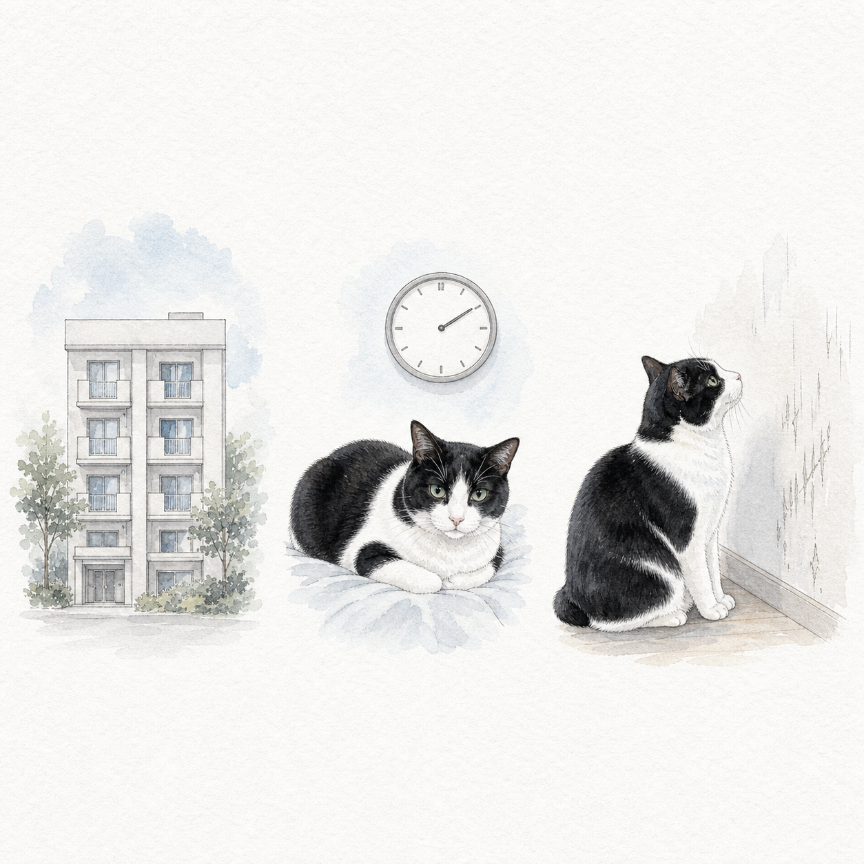 賃貸で猫を飼う3つの不安を表す水彩イラスト