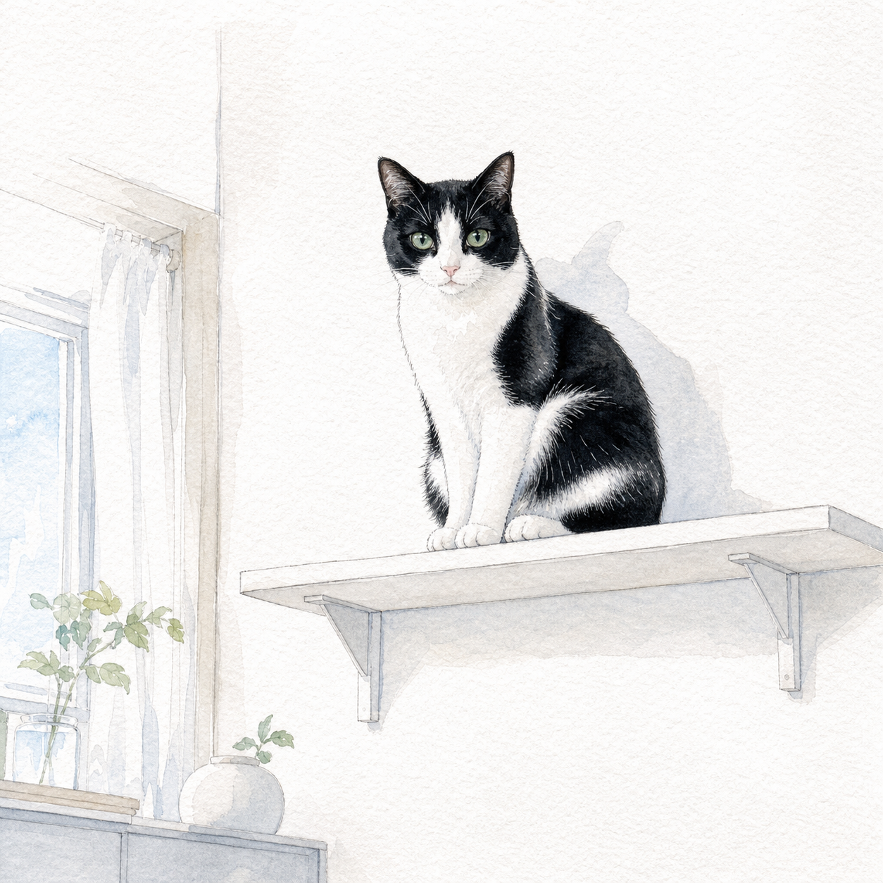 ワンルームの棚でくつろぐ猫の水彩イラスト