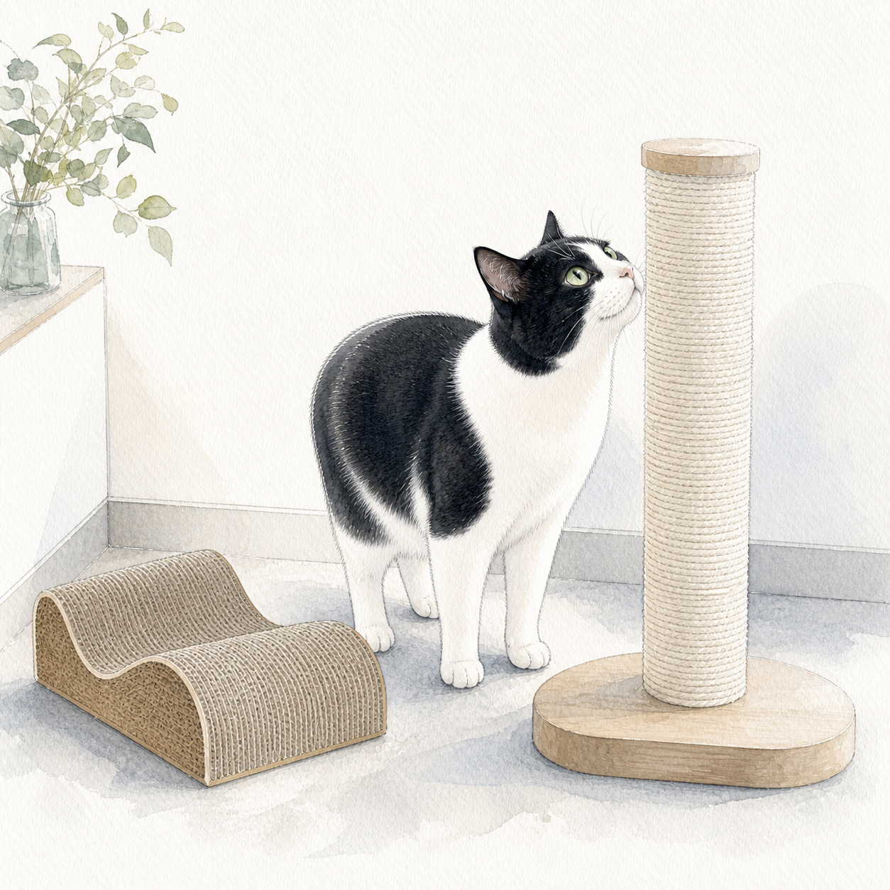 麻縄と段ボール、2種類の爪とぎ器と猫のイラスト