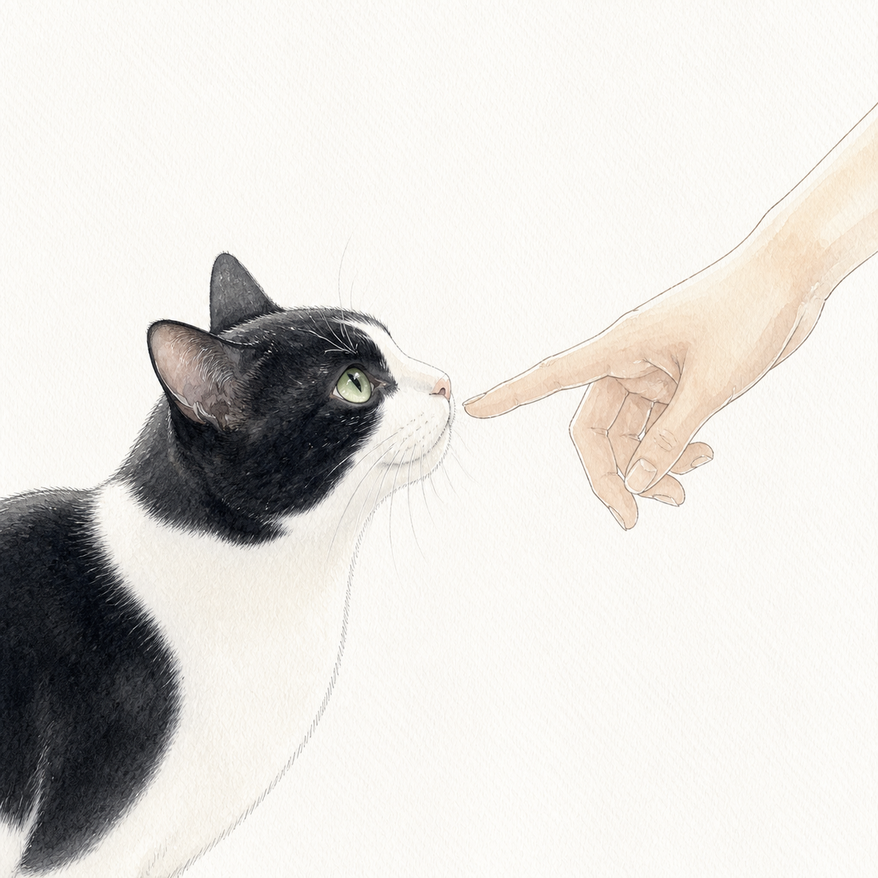 飼い主の指のにおいをかぐ猫のイラスト