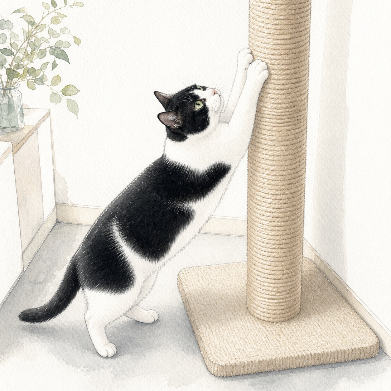 壁ぎわの縦置き爪とぎ器で爪をとぐ猫のイラスト