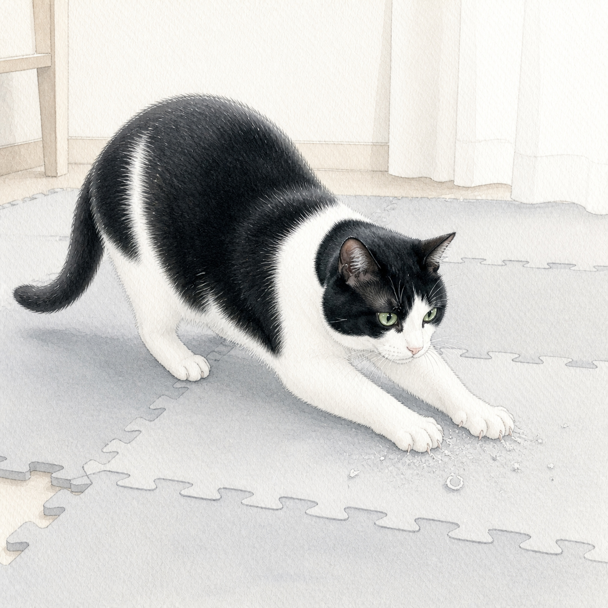 床のパズルマットで爪をとぐ猫のイラスト