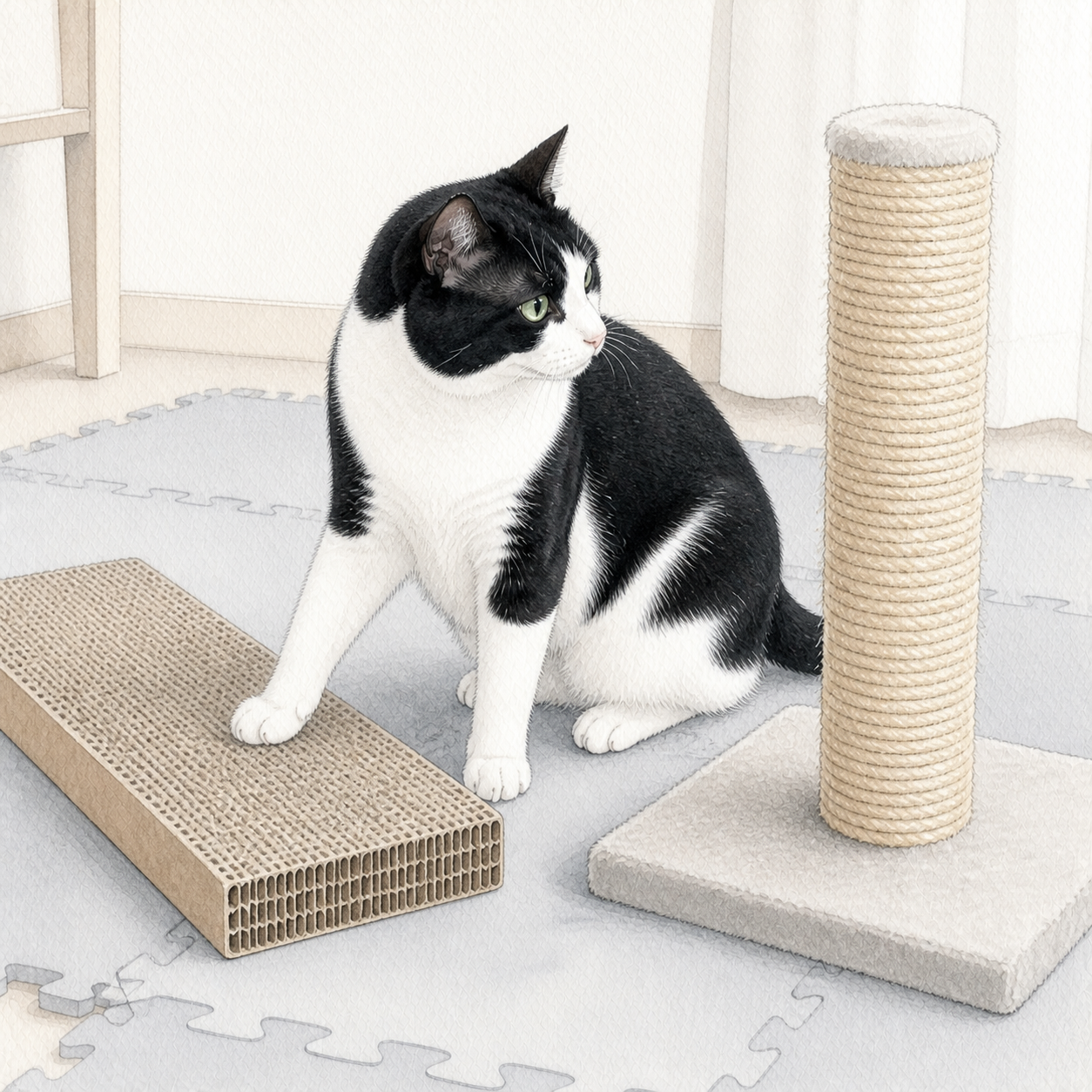 段ボールと麻縄、2種類の爪とぎ器の前にすわる猫のイラスト