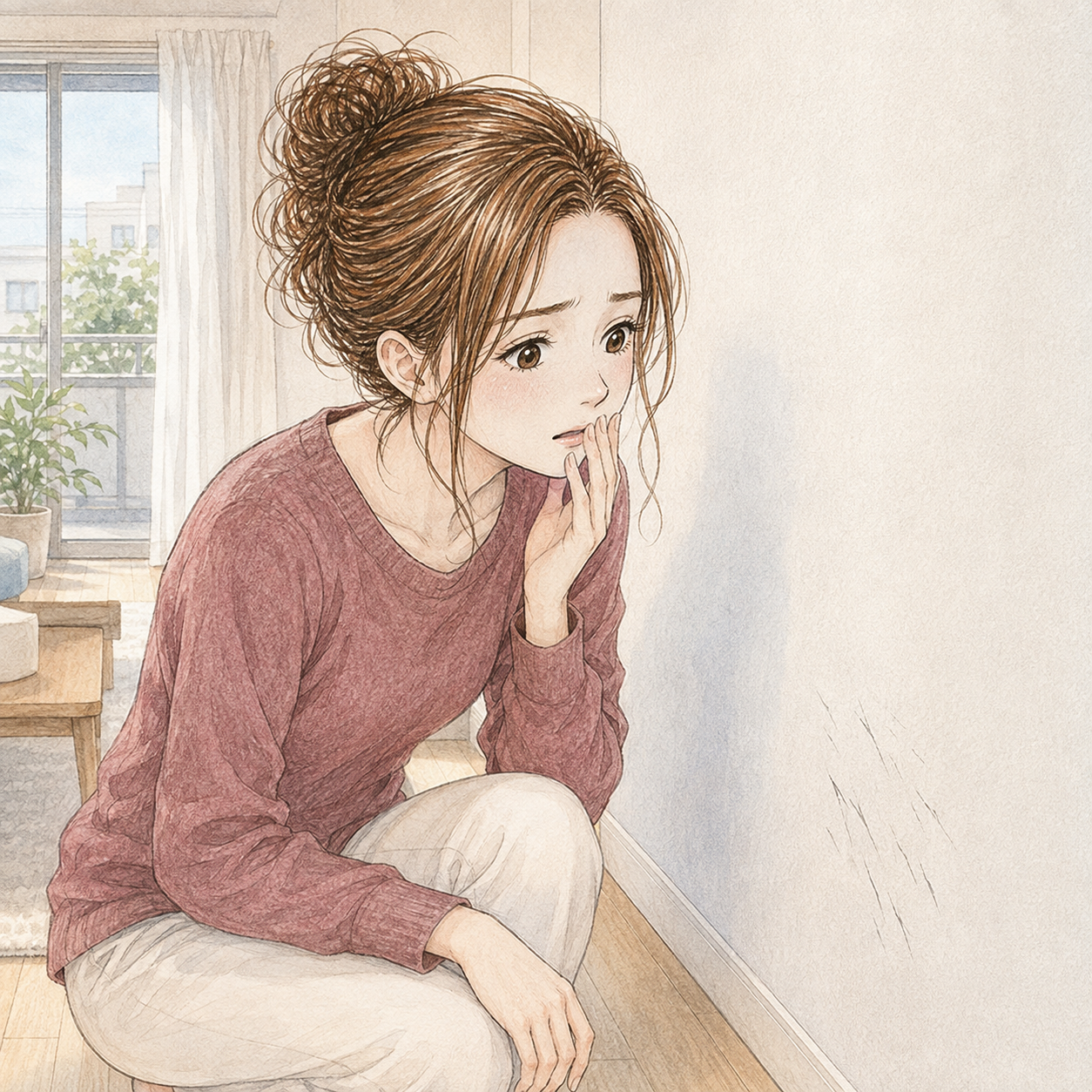 壁紙の細かい傷に気づいて青ざめる飼い主のイラスト