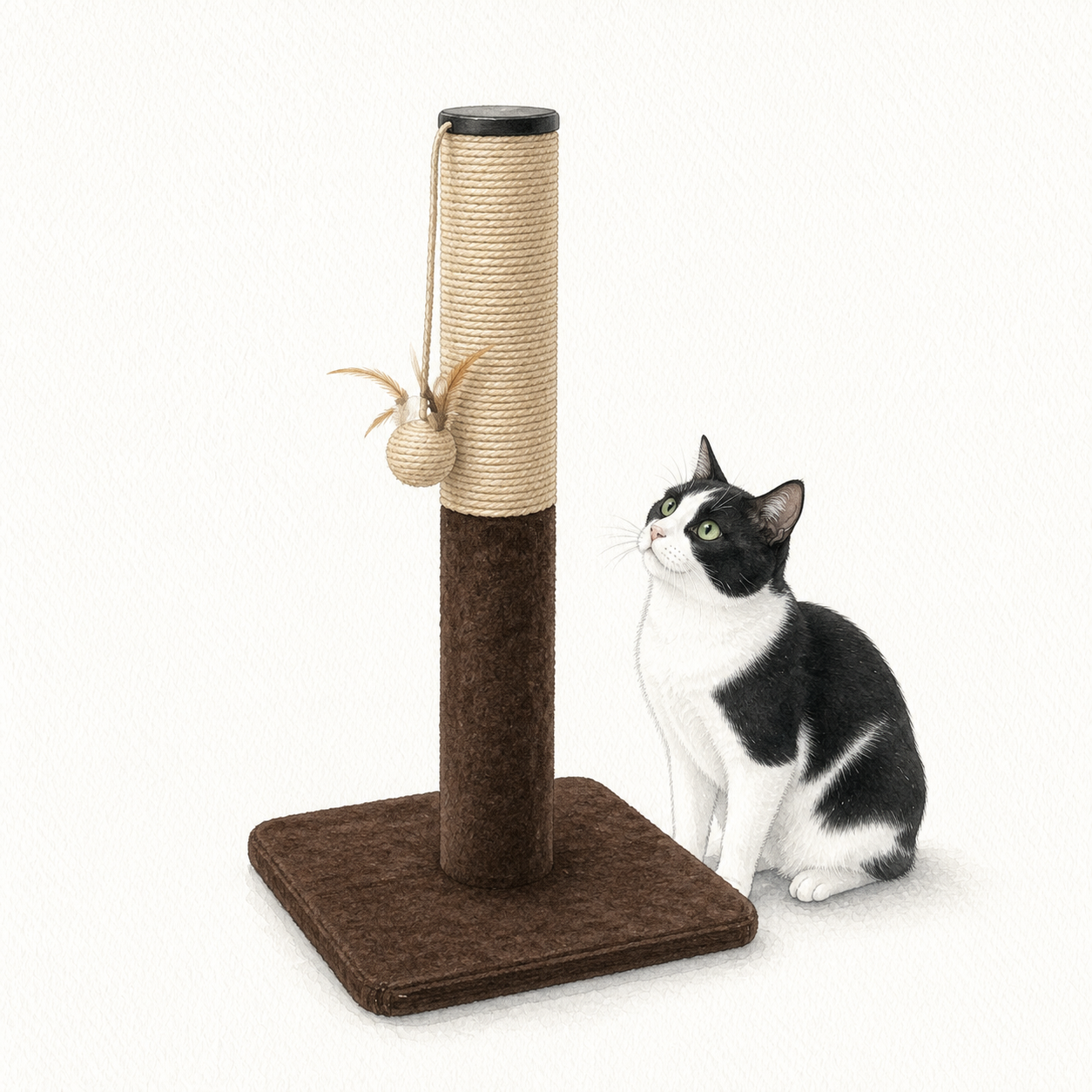 上が麻縄・下がベロアのポール型爪とぎ器を見上げる猫のイラスト