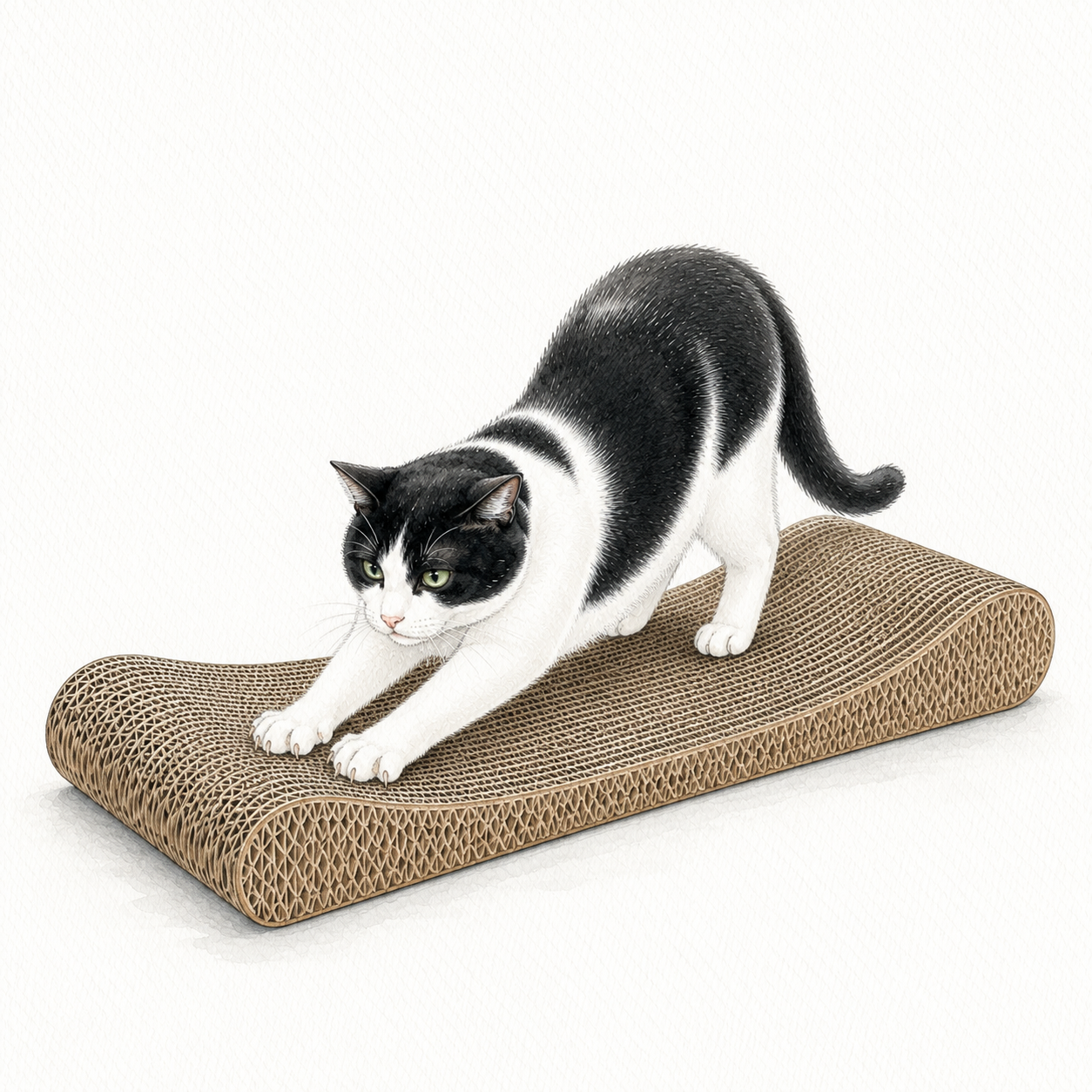 しっかりした段ボール爪とぎ器で気持ちよく研ぐ猫のイラスト