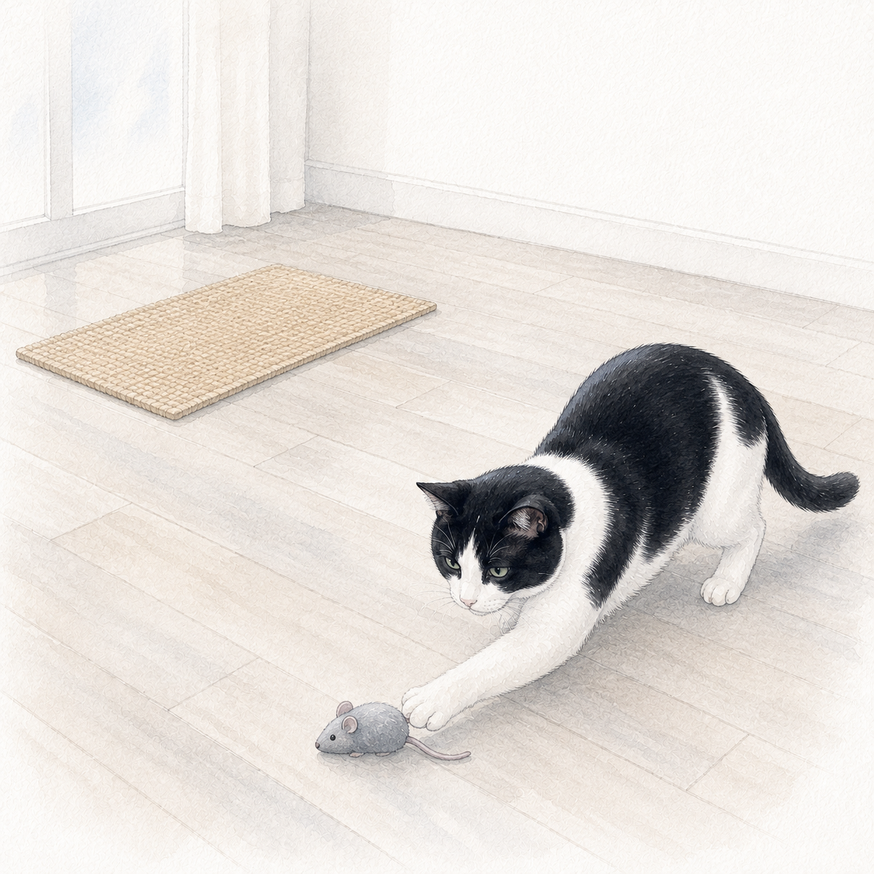 麻の敷物を無視してネズミのおもちゃで遊ぶ猫のイラスト