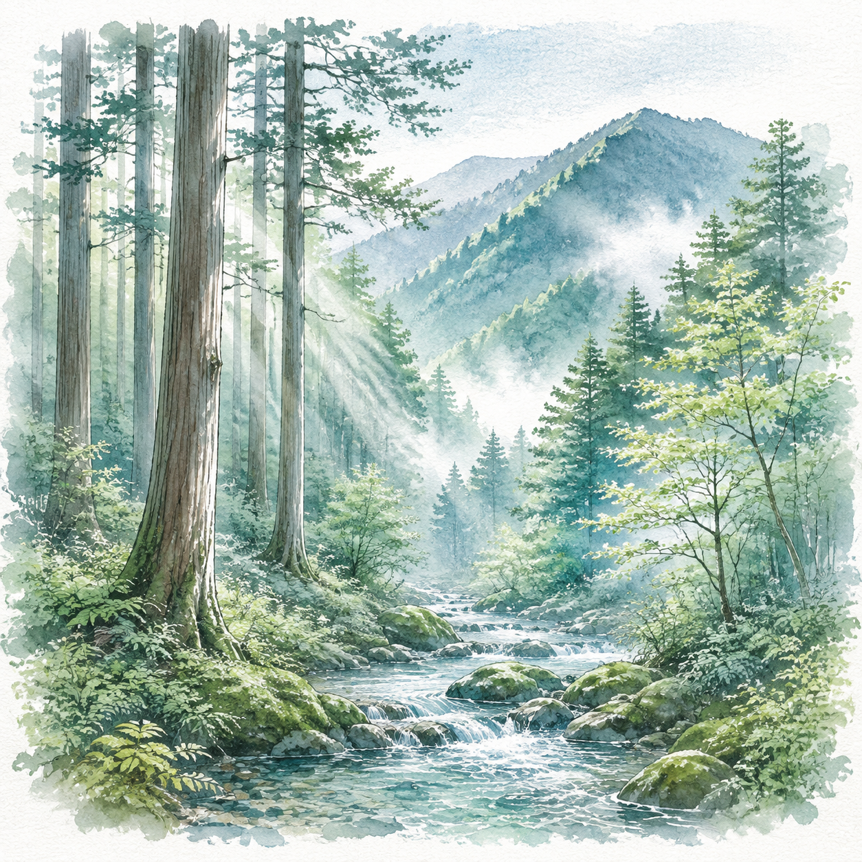 木の香りを思わせる森と渓流の水彩イラスト